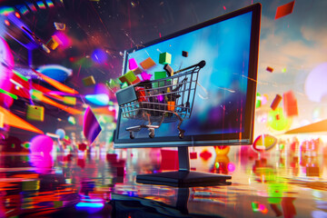 A cart with goods purchased on sale on Cyber Monday flies out of the screen of a large monitor, sales advertising concept