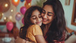 A loving Indian ethnic mother emotionally hugs her daughter on her birthday