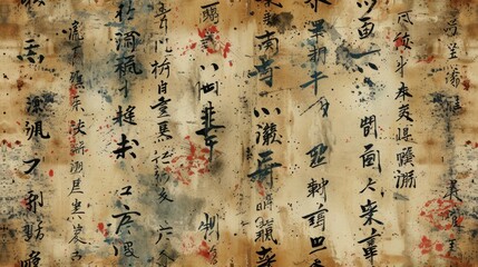 Generative AI, vintage grunge Japanese letters collage background. Different textures and shapes	
