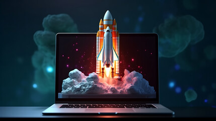 Wall Mural - space rocket outgoing of laptop screen, showcase boost performance, innovative isolated background