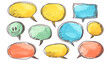 Hand-drawn speech bubbles in various shapes and colors. Set of doodle cloud speech bubbles