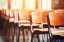 Front View Background Brown Row Chairs, Sun Out Of Focus, Back To School. Generative Ai