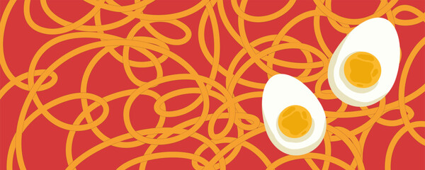 Wall Mural - Noodle Ramen Pattern with egg background. Pasta food texture spaghetti geometric. Abstract ramen ornament. Flat vector illustration. Wave texture background