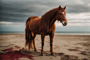 Wall Mural - Red horse with long mane on dusty beach against sky 