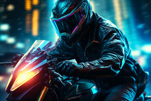 Ai Generated Illustration Image Of Video Game Personage Cyberpunk Driving Motorcycle Speed Motion Neon Illuminated City