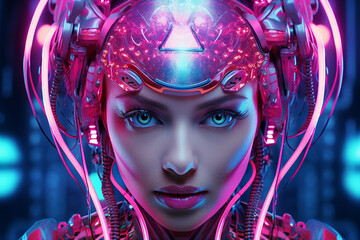 Ai generative science fiction picture of futuristic cyberpunk cyborg illuminated with bright neon colors