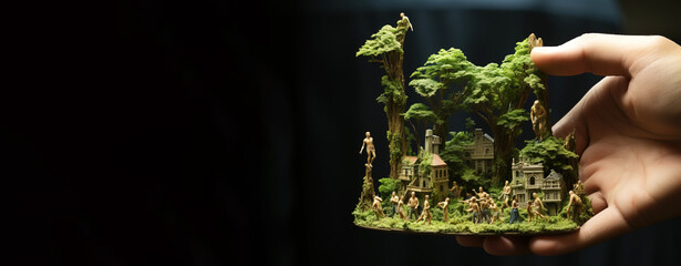 Miniature eco system with toy people, saving nature in a symbolic settlement.