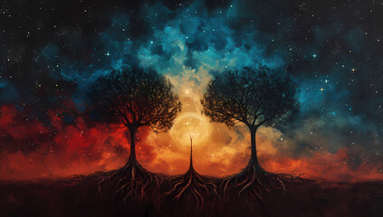 Wall Mural - a majestic grove of trees stands tall, their roots reaching into the depths of the colorful sky, as 