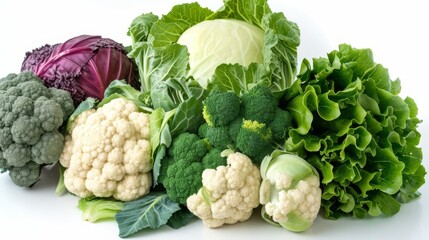 An assortment of green vegetables, featuring broccoli, cauliflower, and lettuce, organic farming and green eating