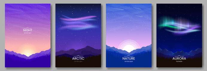 Wall Mural - a collection of 4 landscapes. sunset in the mountains, aurora borealis, night scene, colorful sky. v