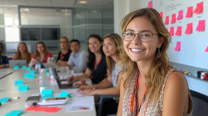 Wall Mural - Female coach, passionately guiding a team through a spirited dialogue. The whiteboard illustrate the collaborative brainstorming. Exchange of ideas, innovation and strategize a marketing plan.