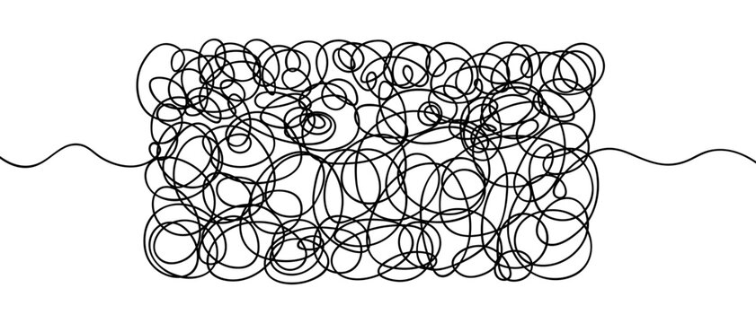 Tangled doodles in the shape of a rectangle. Sketch. Rectangle with threads on the sides. Vector illustration. Hand drawn abstract swirl object. Outline on isolated background. Idea for web design.