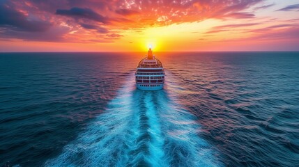 luxury liner crossing ocean as sun sets.