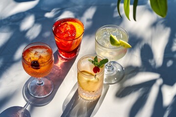 Wall Mural - Three refreshing cocktails on a sunny table with shadows of leaves, creating a summer vibe.