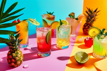 Wall Mural - Colorful cocktails with fruit garnishes backlit by warm sunlight, ideal for summer beverage themes.