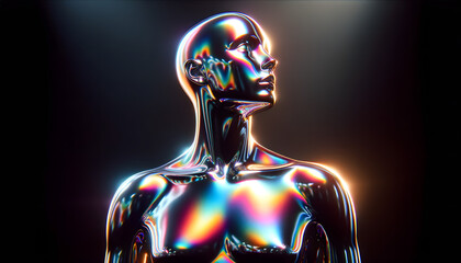 A chrome humanoid figure looking upwards with a colorful light refraction effect