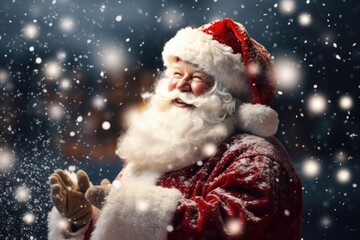 Canvas Print - A man dressed in a Santa Claus suit and gloves. Perfect for holiday-themed designs and Christmas promotions