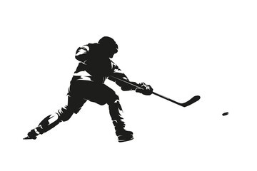 Sticker - Ice hockey player shooting puck, isolated vector silhouette