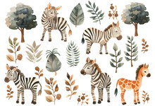 Charming Collection Of Watercolor Zebras And A Giraffe, Paired With Delicate Foliage And Trees, Ideal For Nursery Wall Art Or Educational Materials.