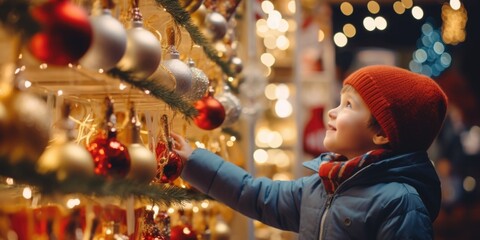 Wall Mural - A little boy is seen gazing at the beautiful ornaments hanging on a Christmas tree. This image captures the wonder and excitement of the holiday season.