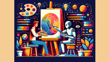 Artificial Intelligence Works With Artists To Create Works Of Art Concept Image.  Vector Illustration.