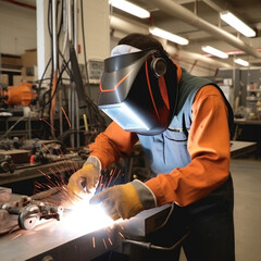 A professional welder, welding with protective gear, a spark coming out of the weld. A student welding in a university workshop with appropriate safety equipment.