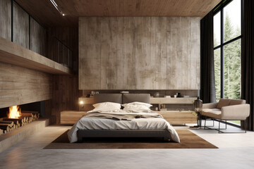 Wall Mural - Minimal bedroom interior design in rustic color with modern bed and decoration