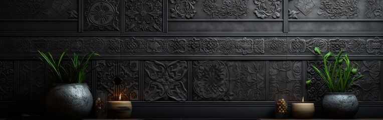 Beautiful dark abstract wall background made of geometric shapes and ornaments for interior decoration.