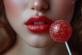 Fototapeta Do pokoju - Glamour macro shoot with sexy woman's lips with a sweet bonbon. Beautiful bright fashion make-up. Girl licking a strawberry lollipop. Generative Ai. 