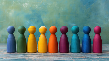 colorful wooden peg people in a row diversity concept