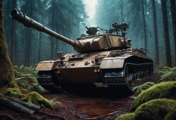 tank parked in a forest, with foliage growing around it