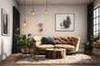 © Noor - an AI prompt for an AI to create an image of a modern living room featuring a round rustic loveseat sofa, a stump side table, and a wall as part of the interior design