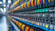 A close up of a server rack with colorful cables