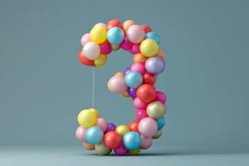 Number 3 made out of colorful balloons with a solid background. Age, anniversary, birthday, party celebration background.