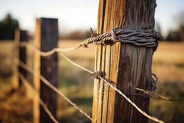 Sticker - A detailed close-up of a wooden post with barbed wire. This image can be used to represent security, boundaries, or obstacles.