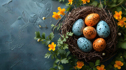 Birds Nest Filled With Eggs Surrounded by Yellow Flowers