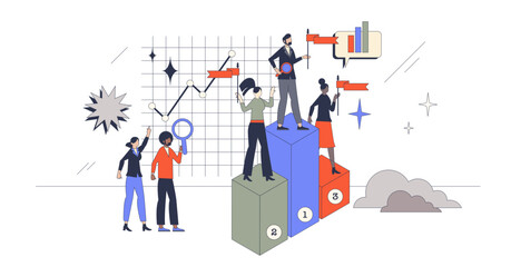 Wall Mural - Competitor benchmarking or company evaluation tools retro tiny person concept, transparent background. Competitors evaluation with your business to understand work quality.