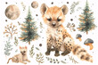 A cute set of baby hyena watercolor illustrations with whimsical forest trees and foliage, perfect for children's books, educational content, or nursery decor.