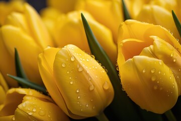 Wall Mural - A vibrant bunch of yellow tulips with glistening water droplets. Perfect for adding a touch of freshness and beauty to any project