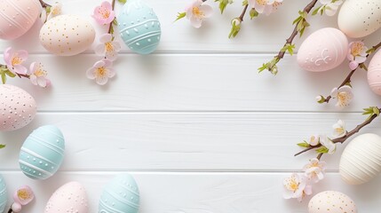 Sakura blossom flower, white happy easter eggs on white wood spring background