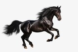 Fototapeta Konie - A black horse in full gallop against a clean, white background. Ideal for equestrian enthusiasts or for adding a dynamic touch to design projects