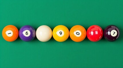Wall Mural - Colorful billiard balls arranged on table in close up top side view for game and recreation concept