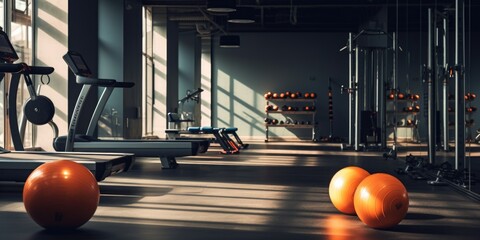 Sticker - A gym room filled with orange balls and various exercise equipment. This image can be used to showcase a vibrant and energetic fitness environment