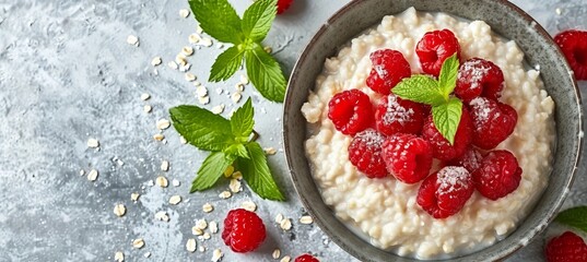 Wall Mural - Top view of healthy oatmeal porridge with berries on white table, diet breakfast