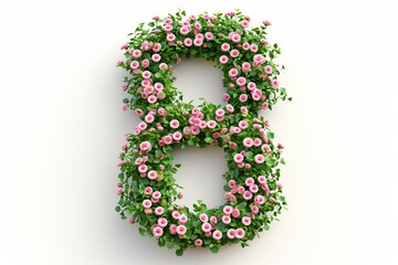 Wall Mural - Vibrant 3d modern style letter 8 made from beautiful flowers, isolated on a white background.