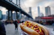 New York Bites: Classic Street Food Moment as a Vendor Serves an Iconic Hot Dog Against the Backdrop of the Brooklyn Bridge, Capturing Urban Flair and Architectural Splendor.

