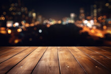 Empty Brown Wooden Floor Or Wood Board Table With Blurred Abstract Night Light Bokeh In City Background, Copy Space For Display Of Product Or Object Presentation, Party Concept