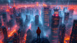 Man stand on cliff above futuristic cyberspace cityscape view background wallpaper