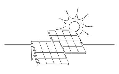 Wall Mural - Sun and solar panel continuous one line icon drawing. Energy of sun with ecology power station vector illustration in doodle style. Contour line sign for innovation, environment, renewable 