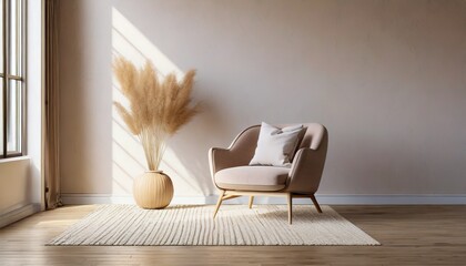 Wall Mural - soft armchair and a vase with dry grass in empty room in morning light minimalist modern living room interior background scandinavian style empty wall mockup